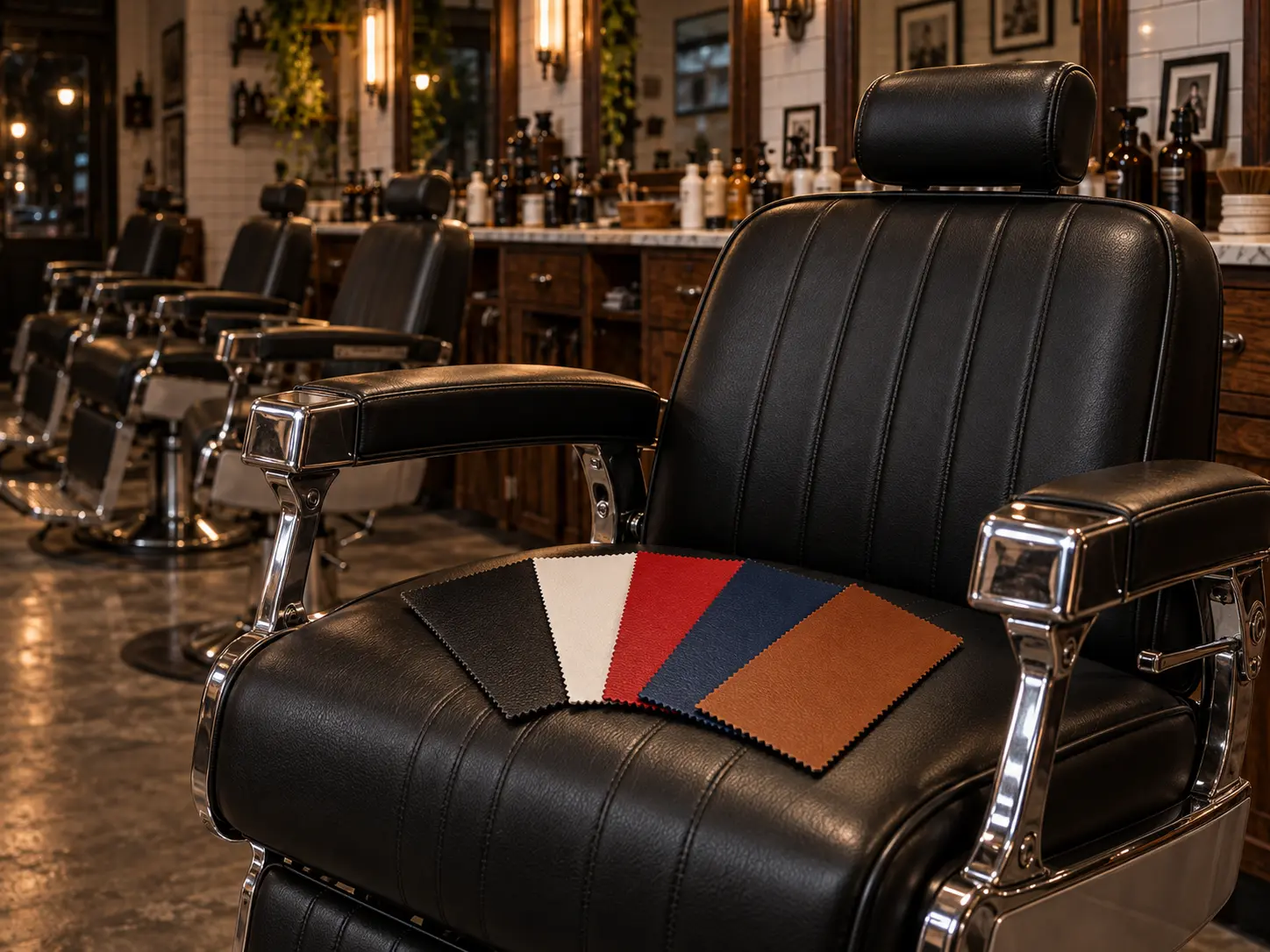 Vinyl samples in black, white, red, navy and cognac on a barber chair seat