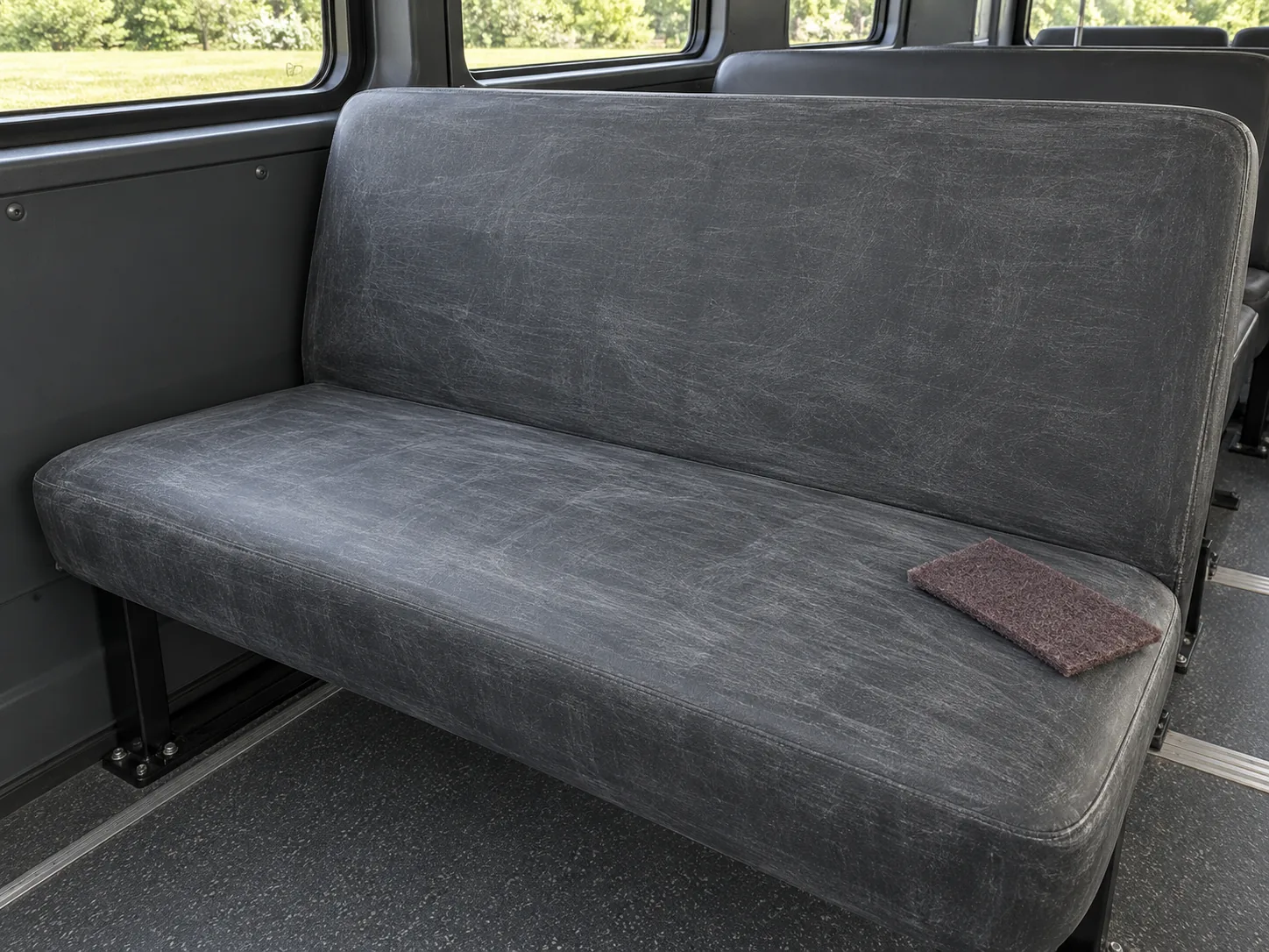 The same vinyl seat abraded dull with a pad resting beside it