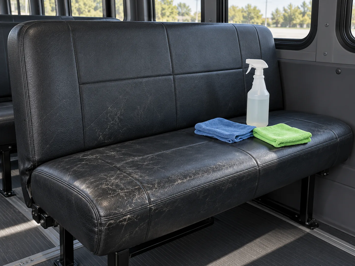 A worn vinyl bench being cleaned, cloths and cleaner resting on it