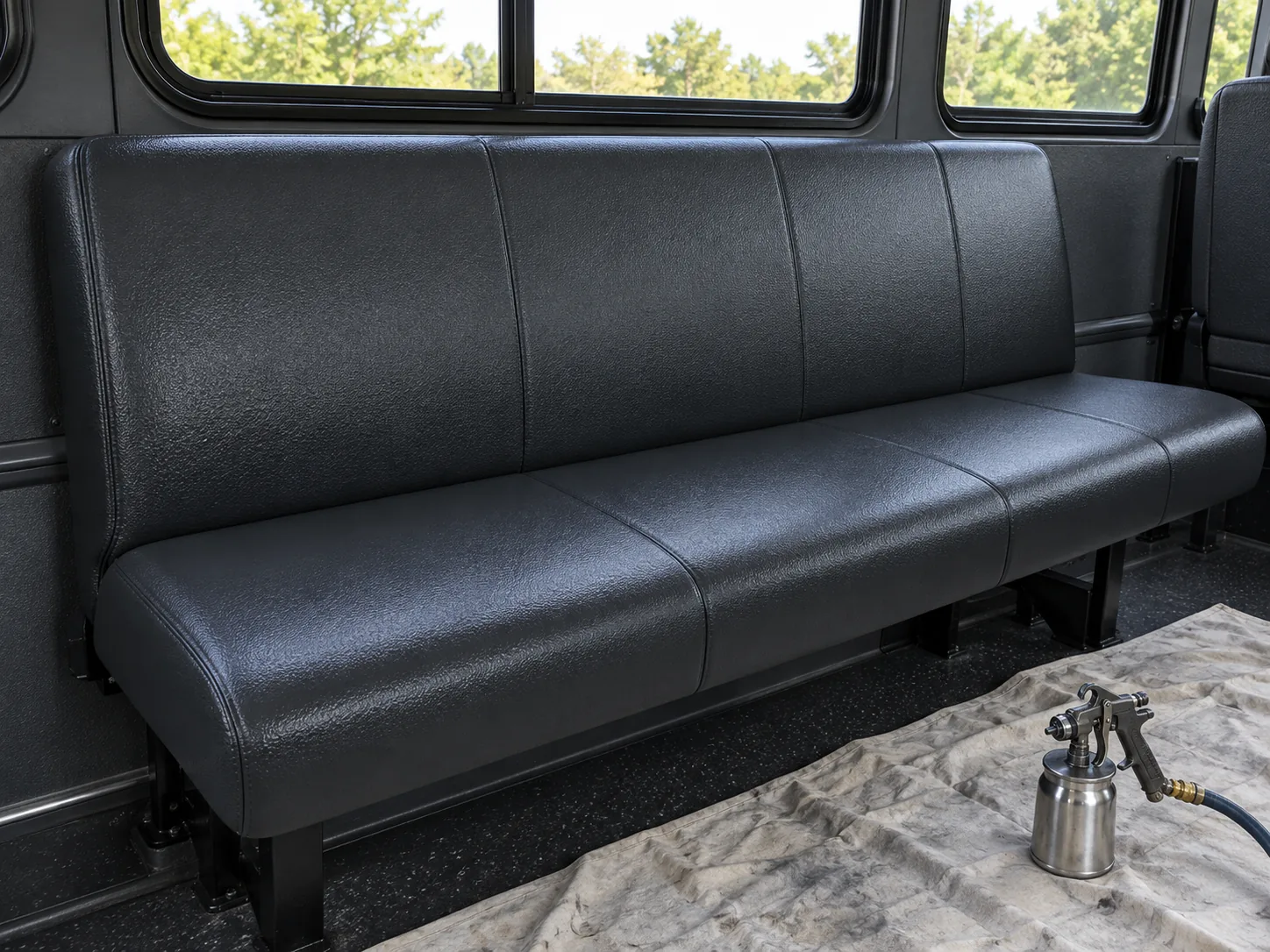 Color being sprayed onto the vinyl seat over a drop cloth