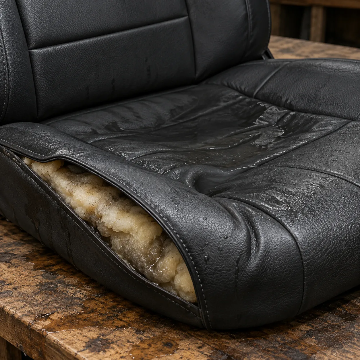 A vinyl seat pressed flat with collapsed foam underneath
