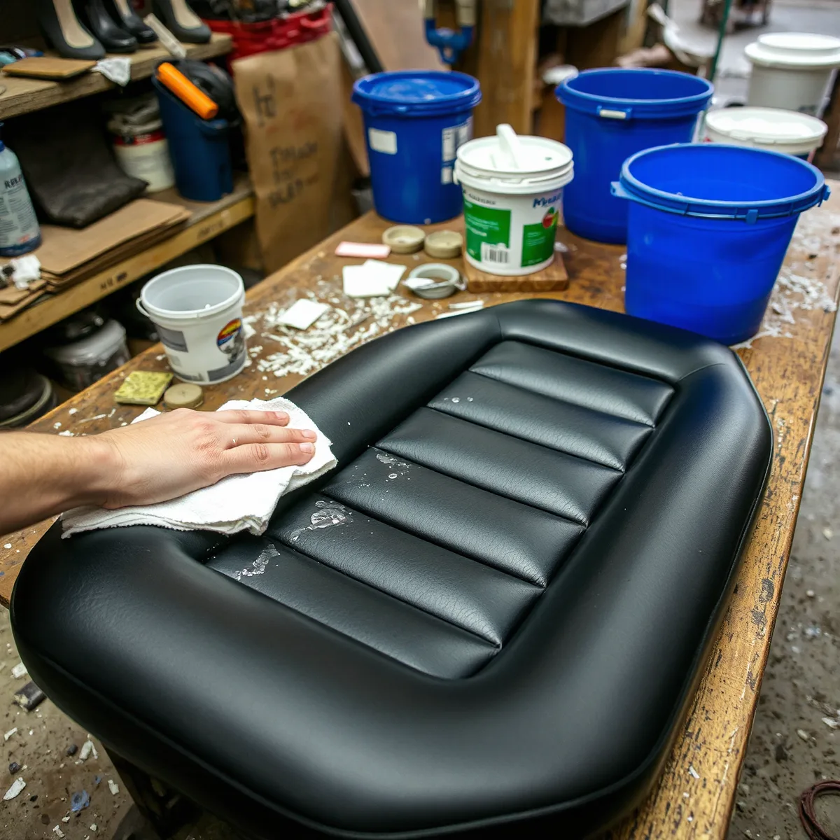 Black vinyl bench seat being deep cleaned on a workbench