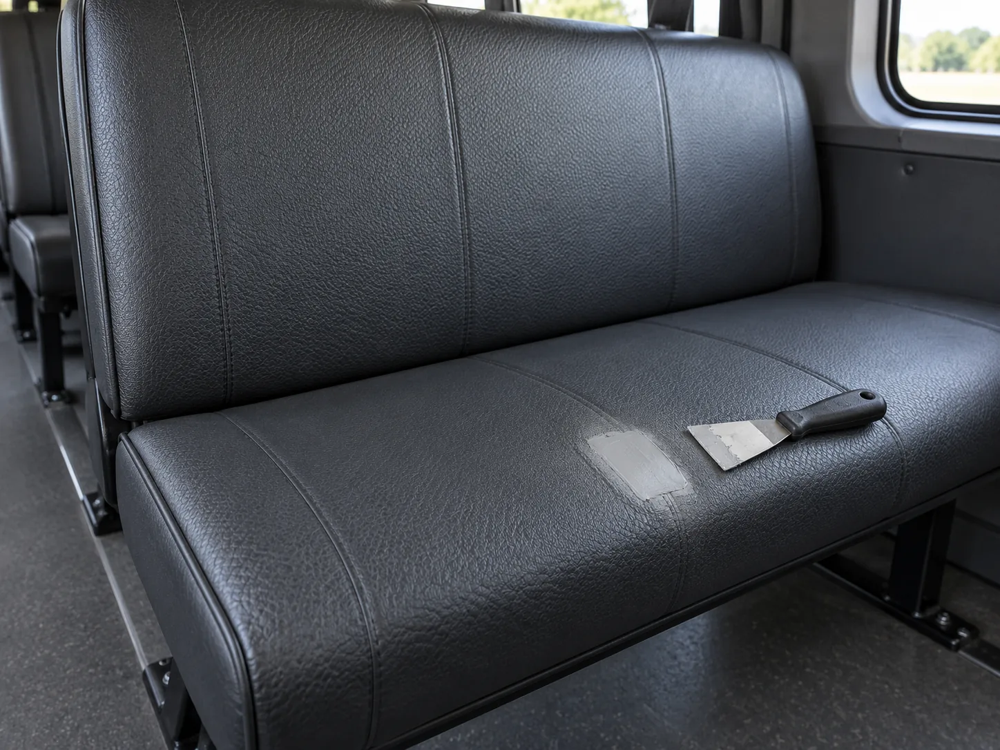 A split in the vinyl seat filled and levelled with a spatula beside it