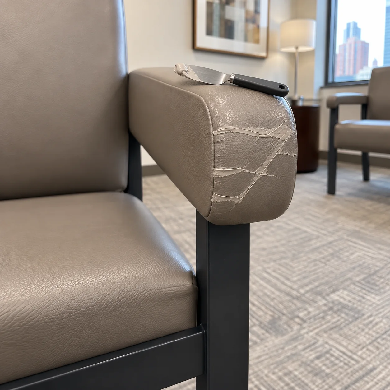 Flexible filler spread into the armrest cracks, a palette knife resting on top of the arm