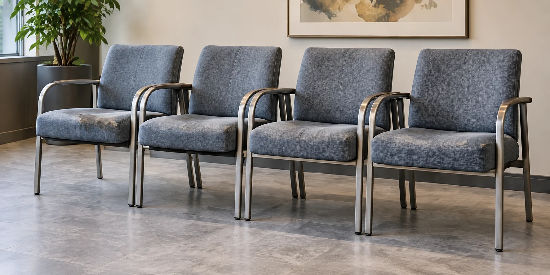 Row of four waiting room chairs before reupholstery, the left-hand seat carrying a large dark stain