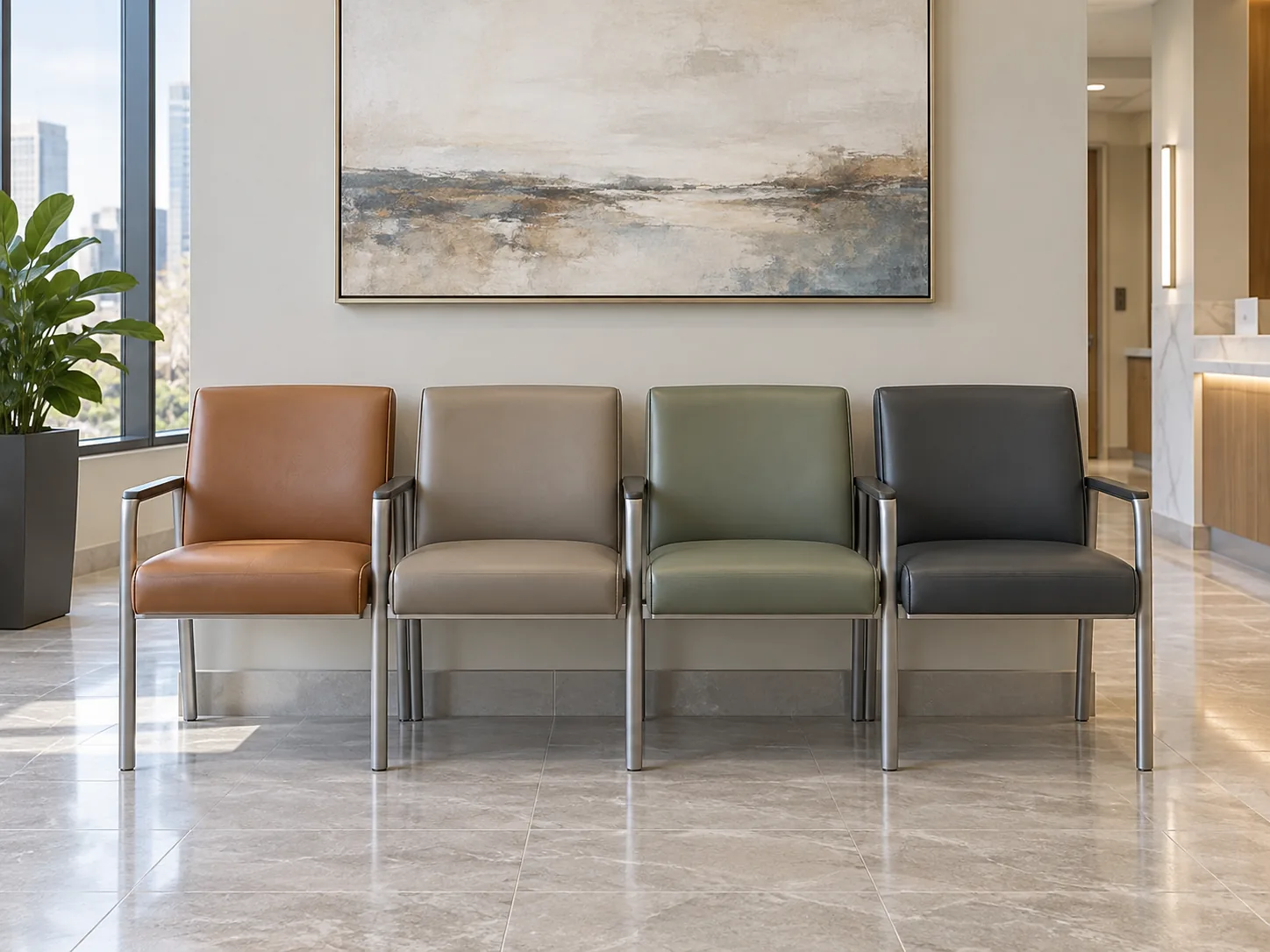 A row of four waiting room chairs in cognac, taupe, sage and black