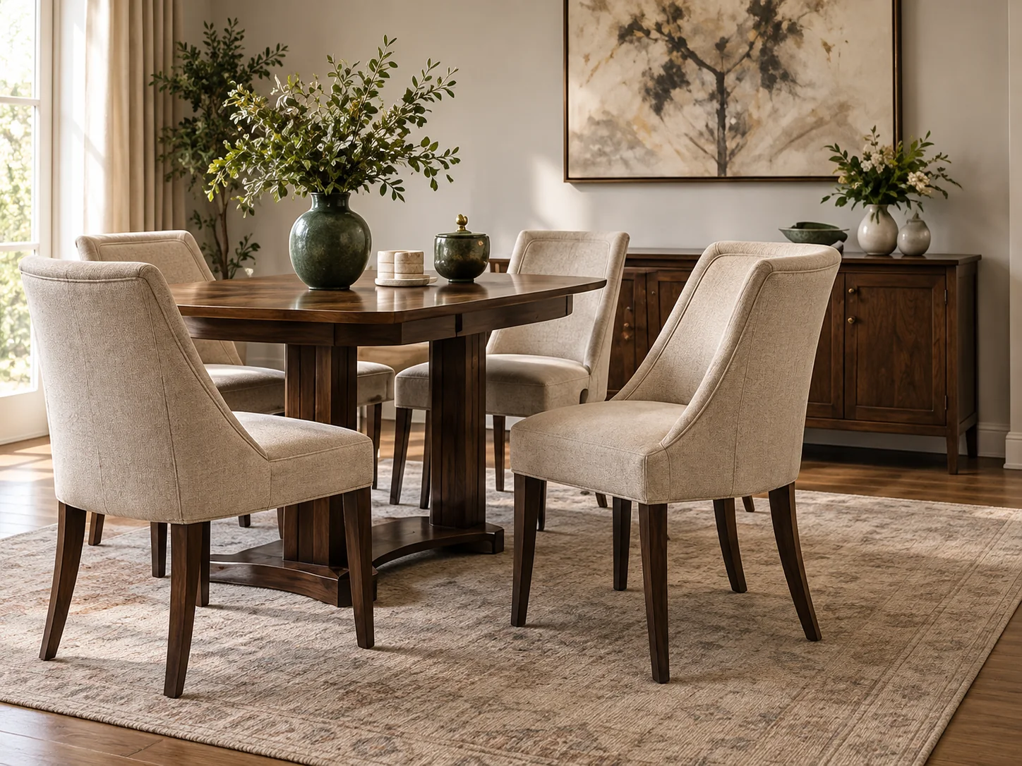 Walnut dining room with a fully matched set of recovered chairs
