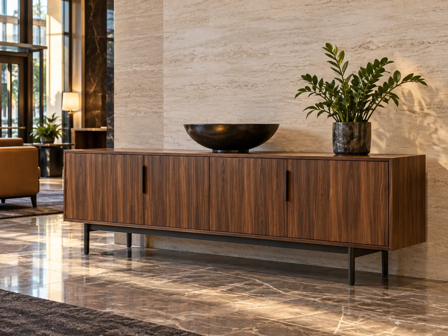 A walnut console table in a lobby