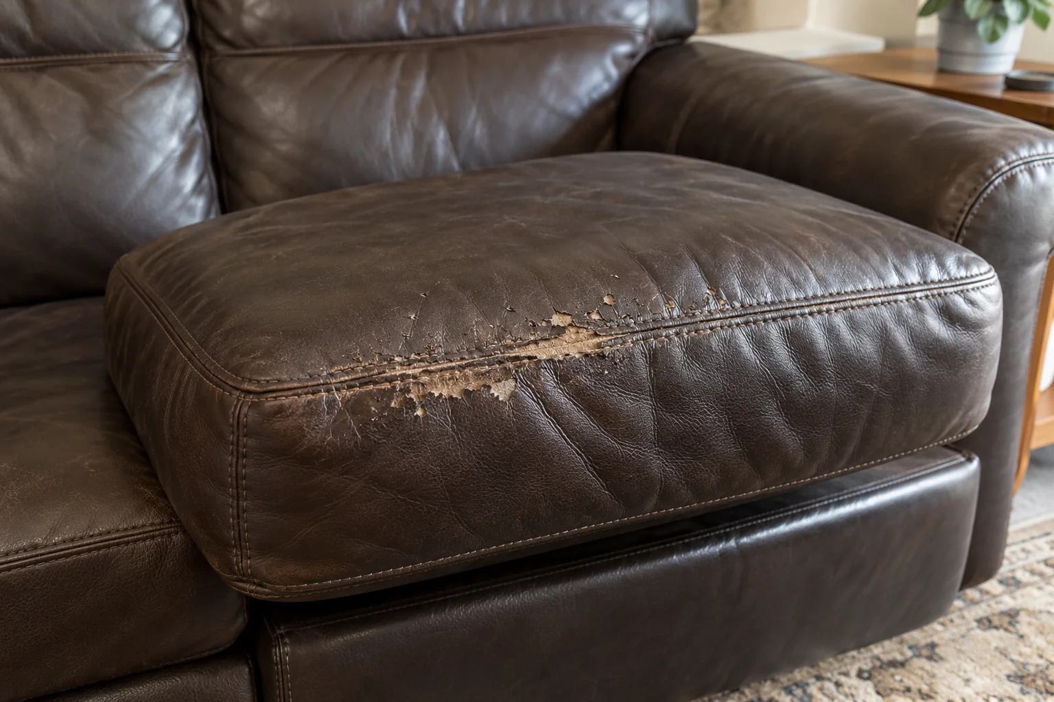 Peeling brown leather seat cushion