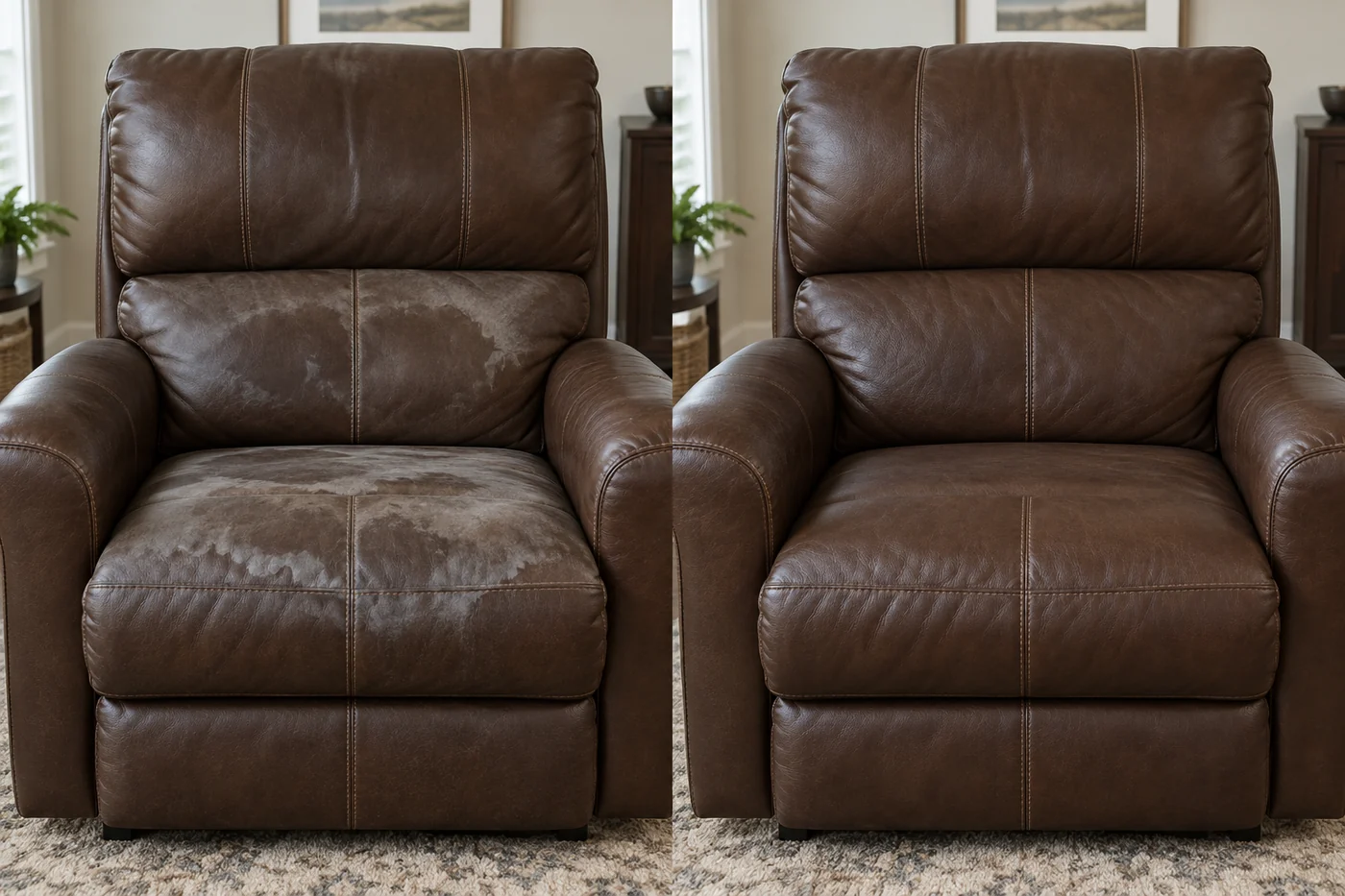 Brown recliner with water marks before and after