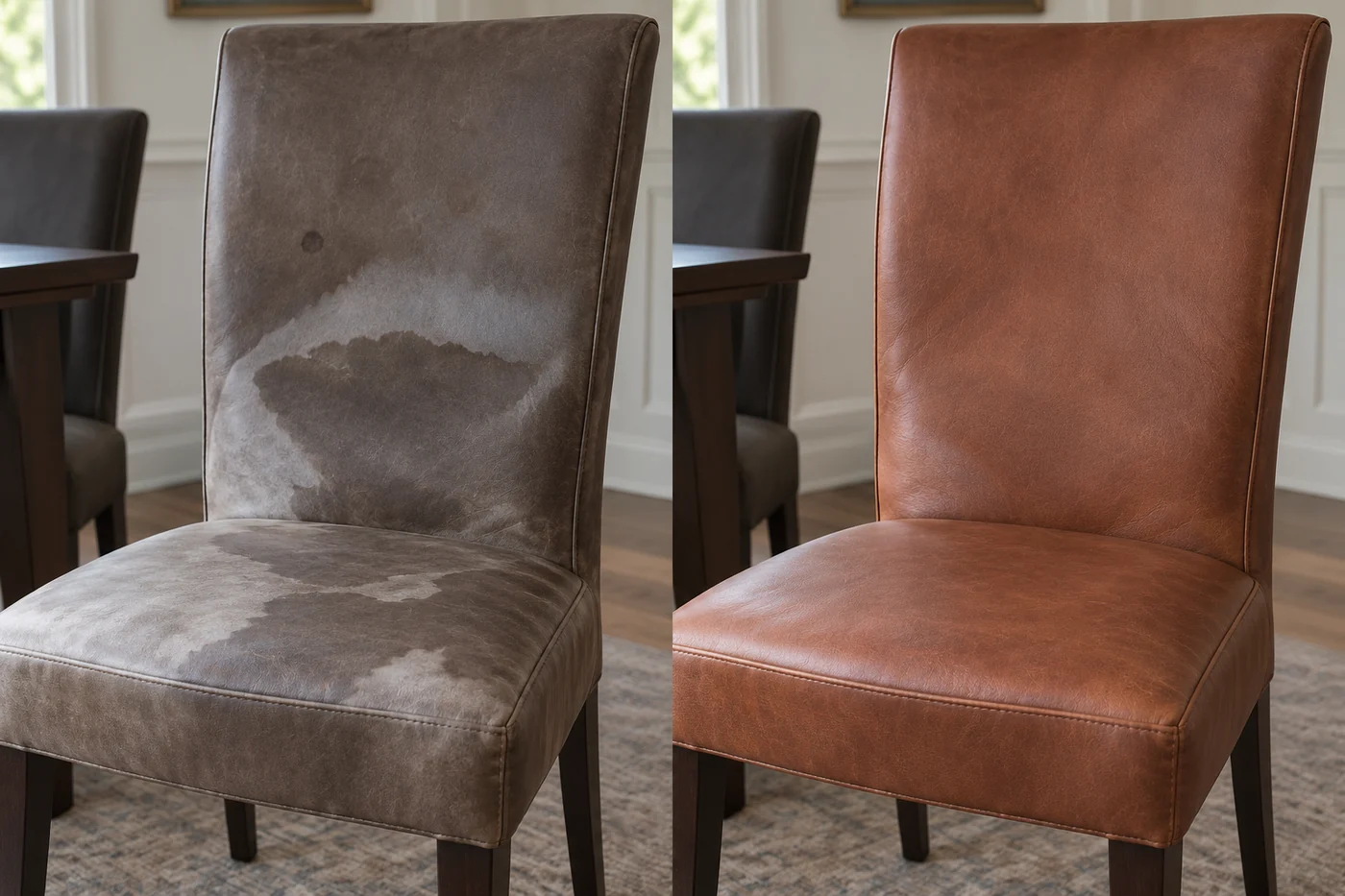 Water-damaged dining chair before and after recoloring