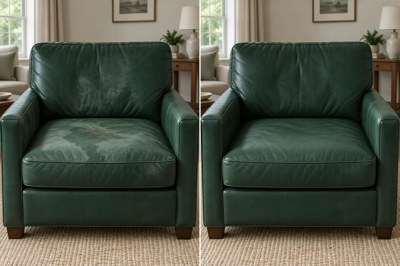 Green leather armchair before and after