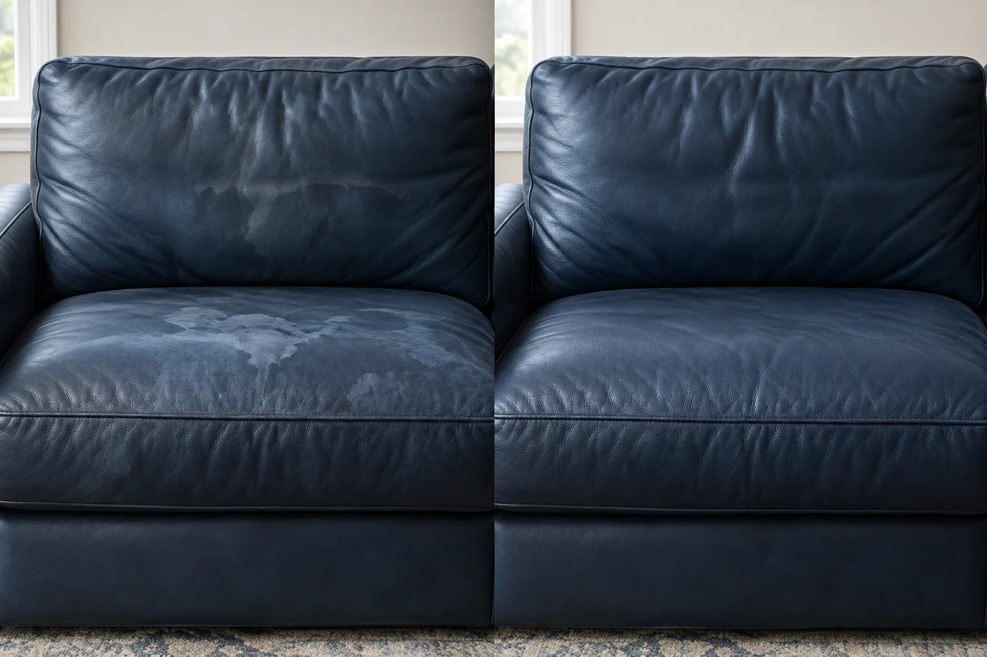 Navy sofa water marks before and after