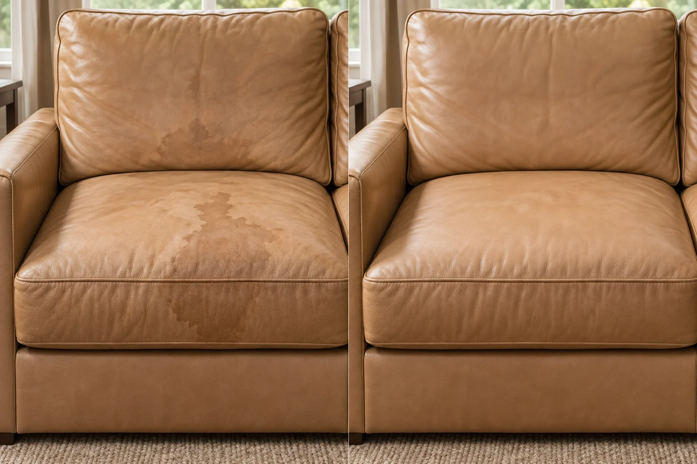 Tan loveseat with water marks before and after