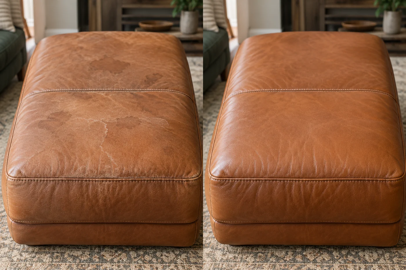 Tan leather ottoman water mark before and after