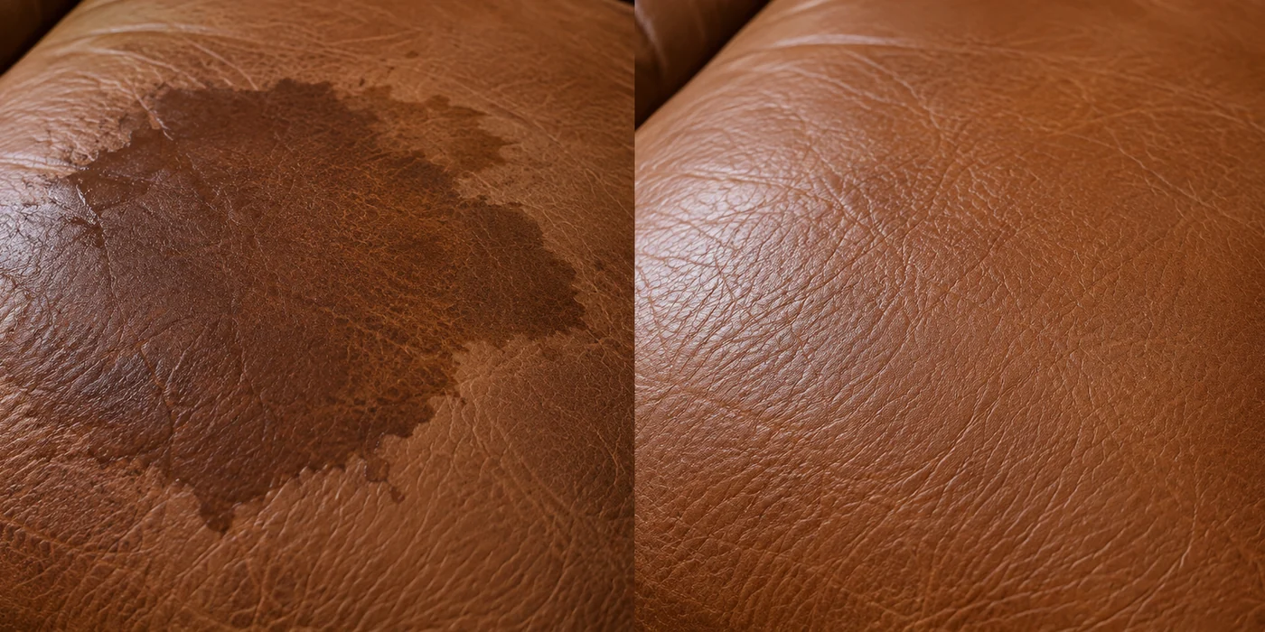Drink spill soaked into brown leather, before and after stain removal