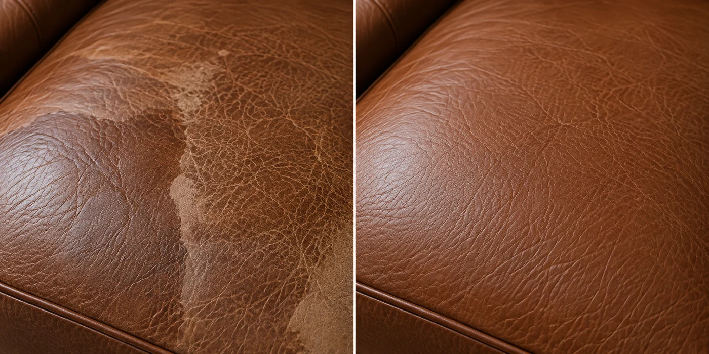 Water tide lines on tan leather before and after
