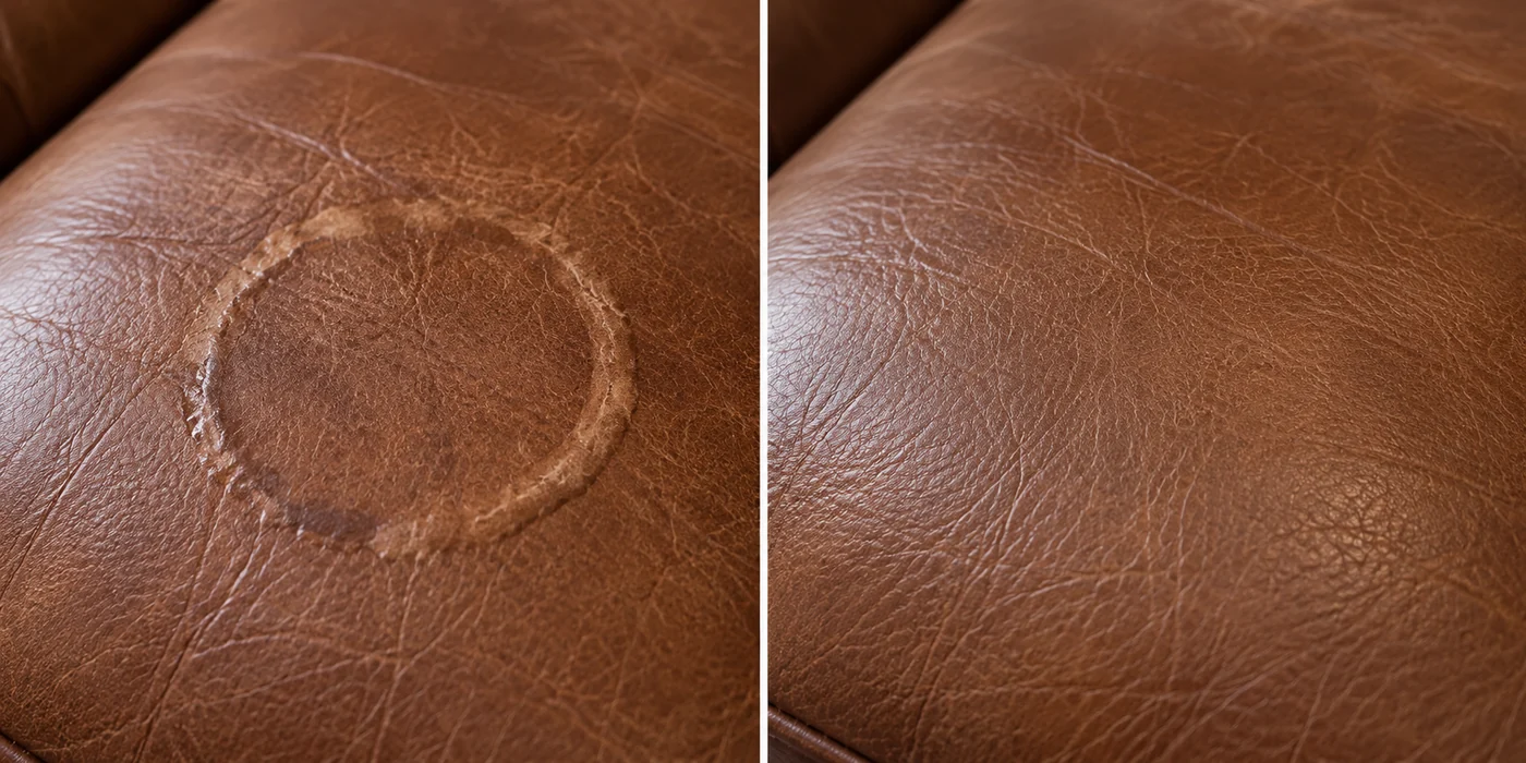 A pale water ring with a hard tide line dried into tan leather