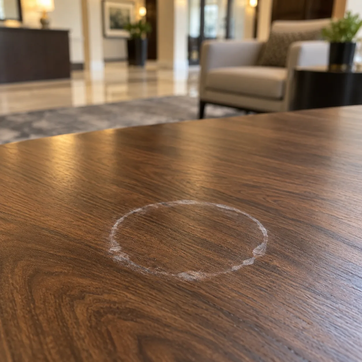 White water ring on a wood table