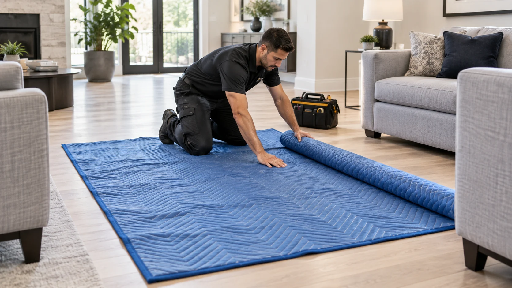 Technician laying floor protection