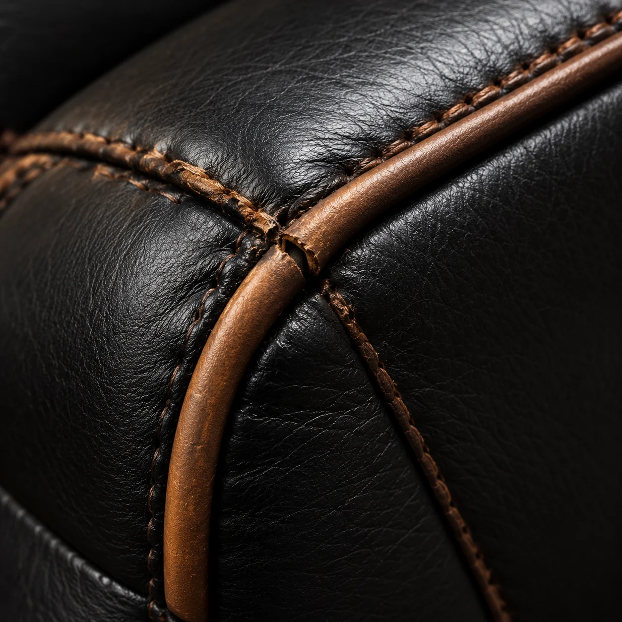 Theater seat welt piping with the dark finish rubbed back to tan