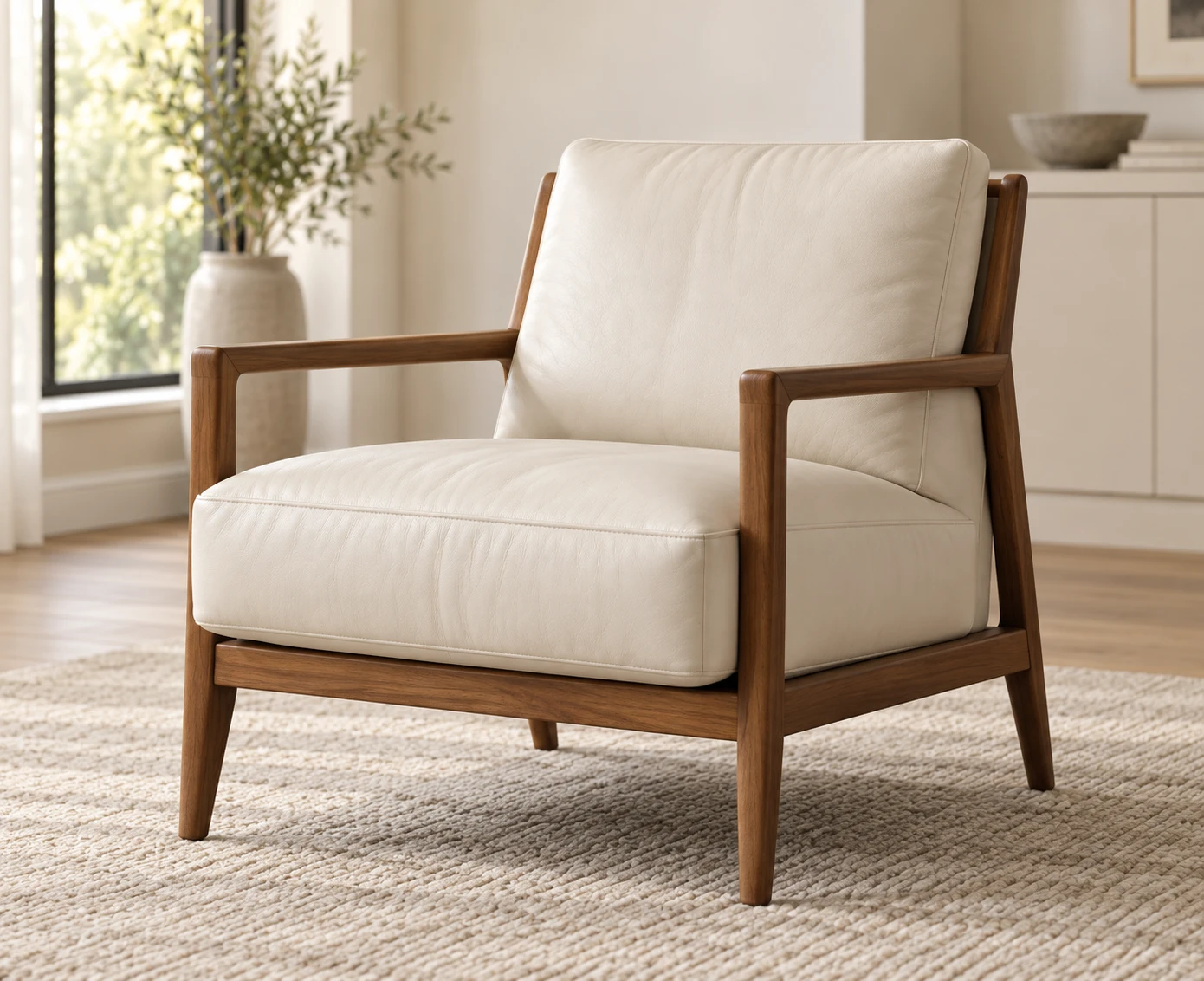 Cream leather lounge chair suspended in a walnut show-wood frame beside a window