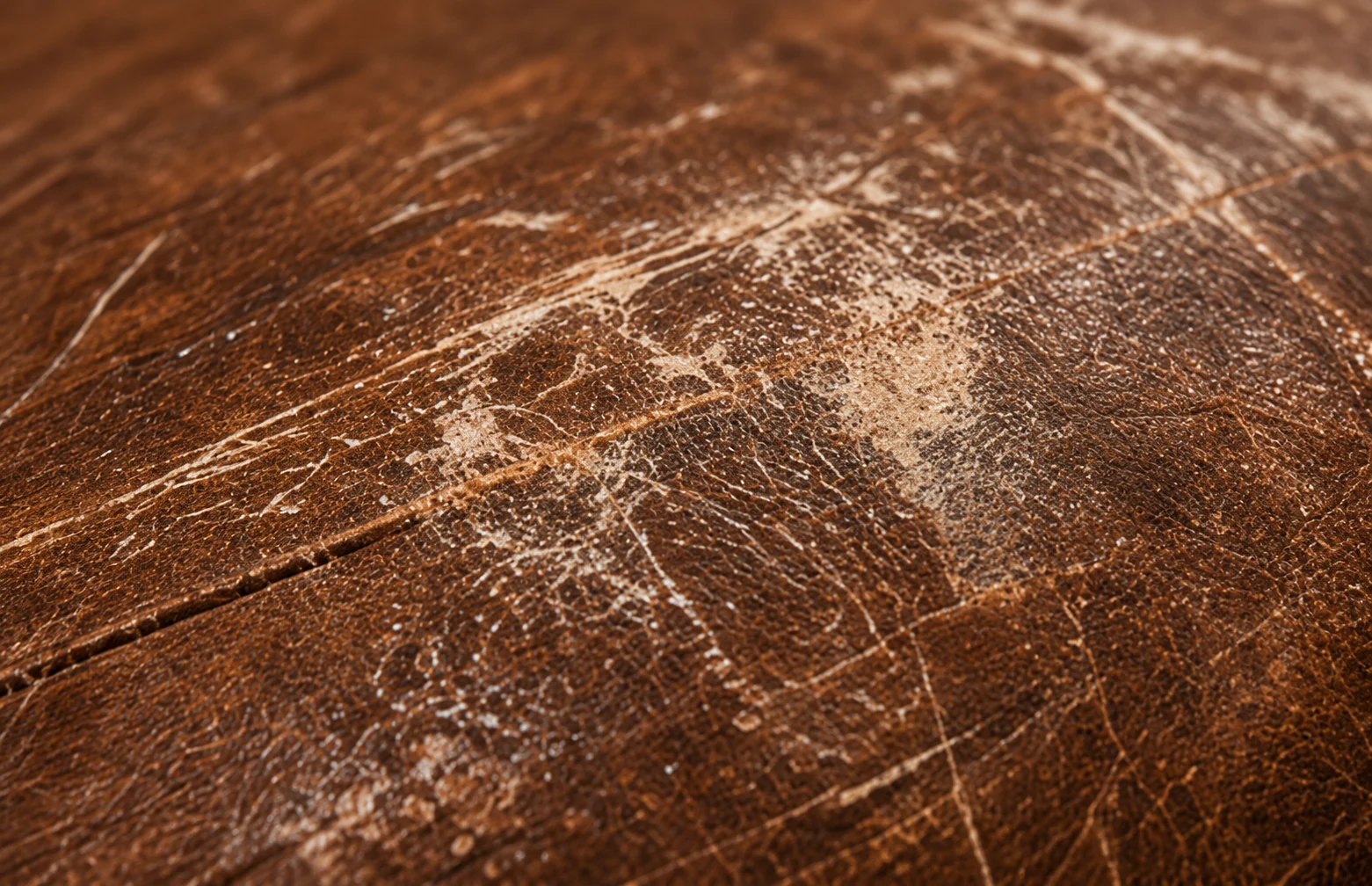 Macro view of dark brown leather where the finish has dried and cracked back to a paler substrate