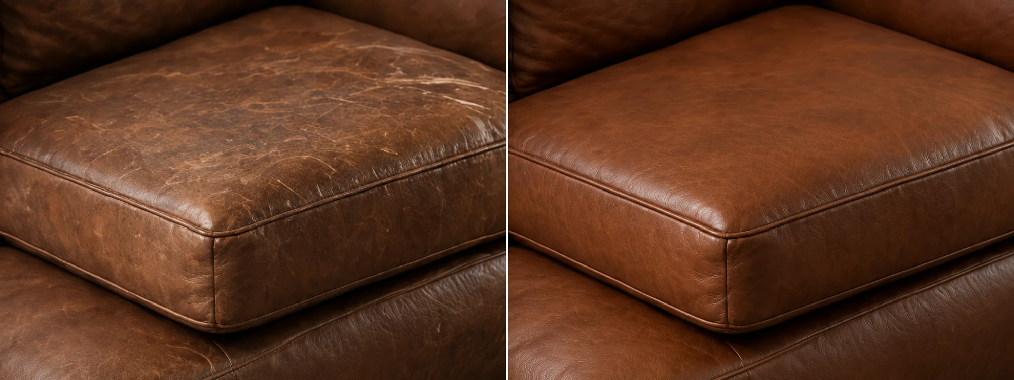 Split comparison of a cognac leather seat cushion, dry and crazed across the top on the left, evenly coloured and sealed on the right