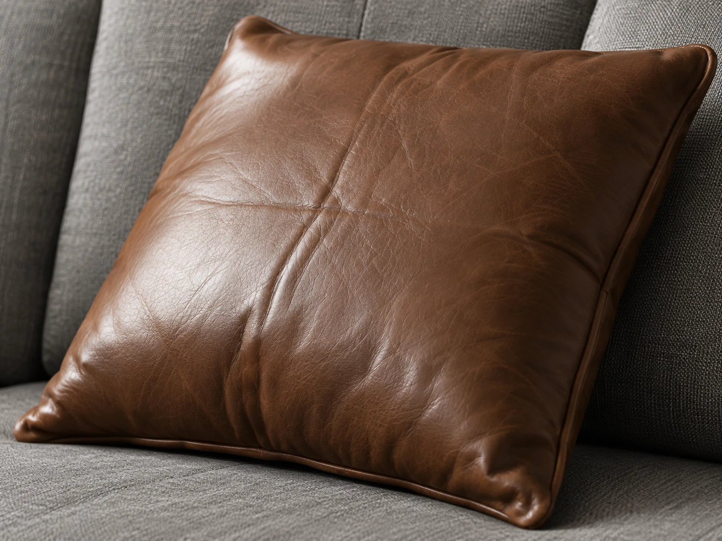 Brown leather scatter cushion with a piped edge resting against a grey woven sofa back