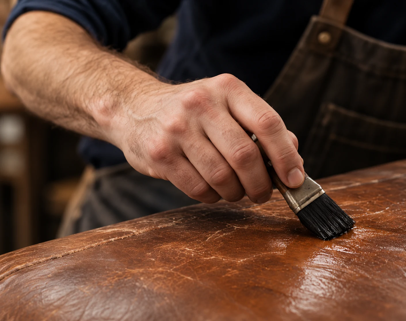 Craftsman brushing a coat of finish onto the curved surface of a cognac leather sofa cushion