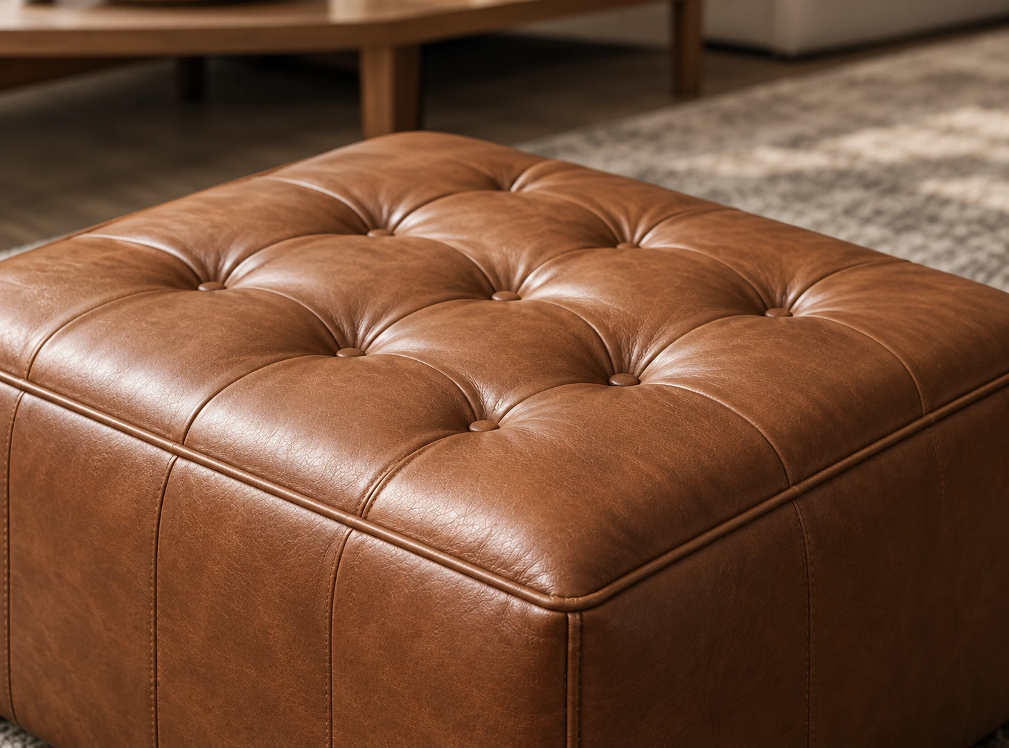 Button-tufted cognac leather ottoman photographed close, showing the tufts and the piped top edge