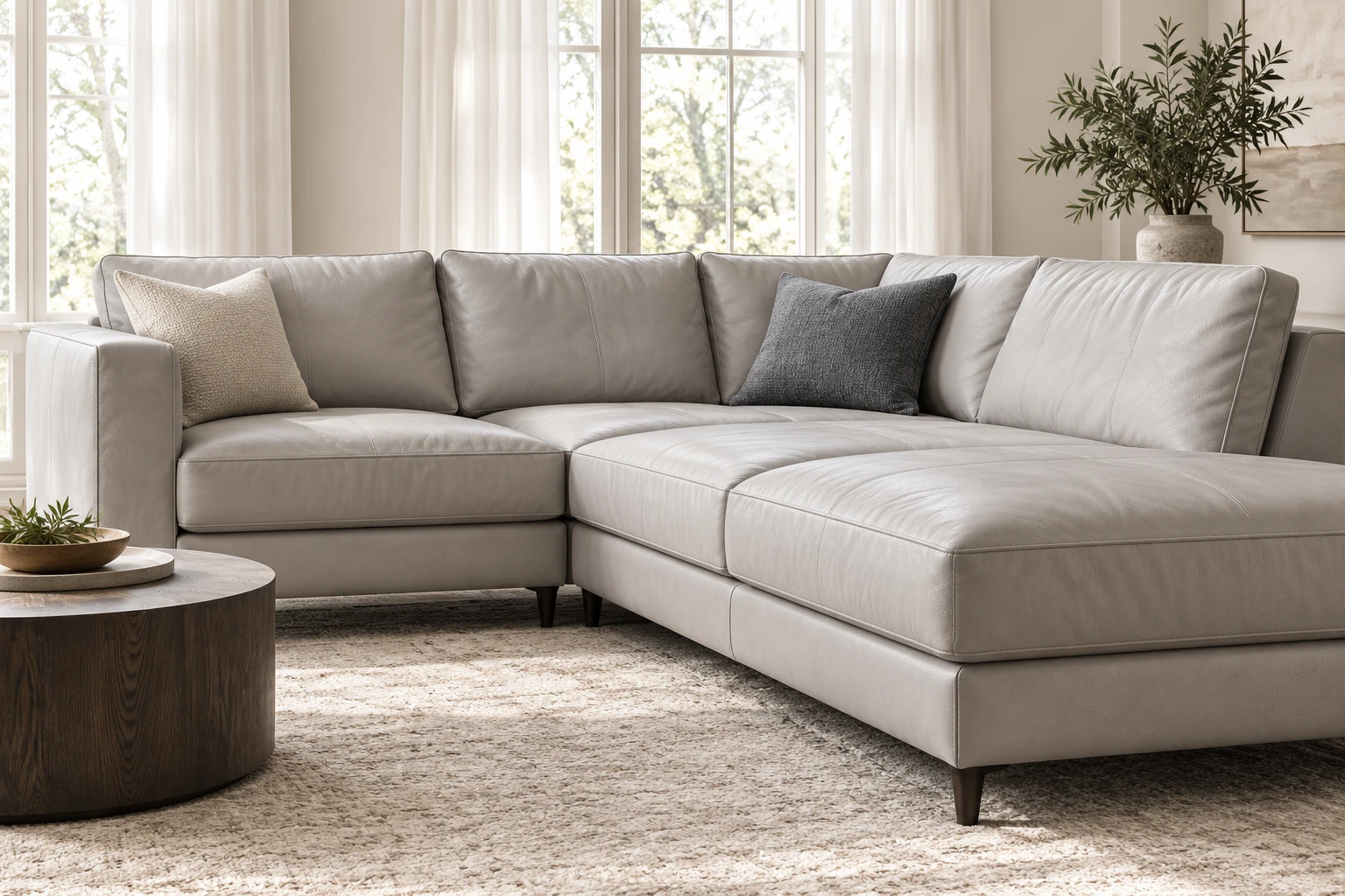 Pale grey leather sectional with a chaise return in a bright living room with sheer curtains