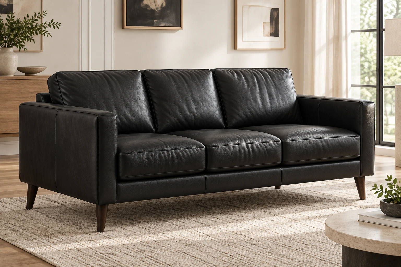 Black leather three-seat sofa with tapered wooden legs in a light room
