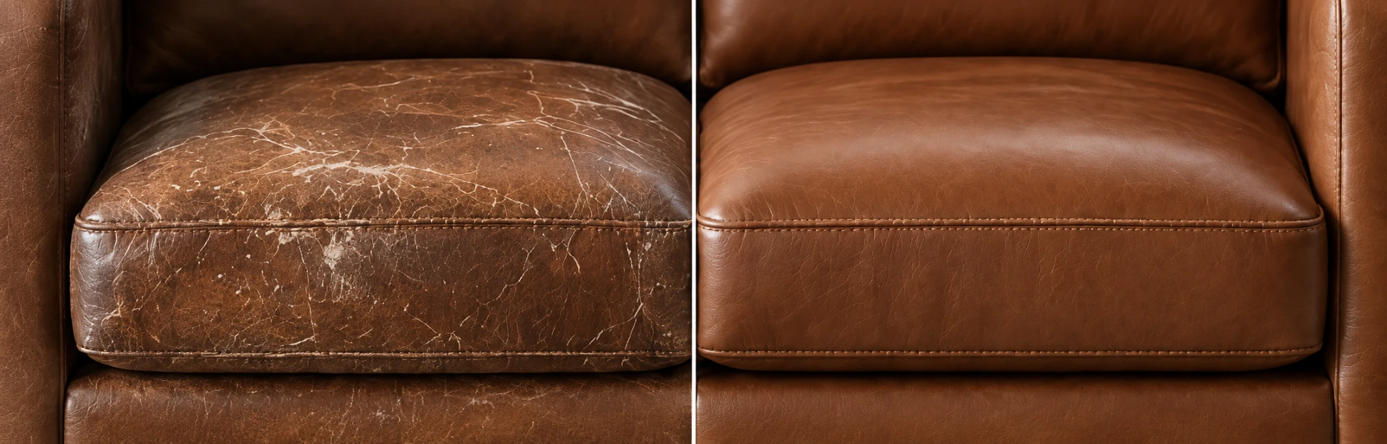 Split comparison of a dark brown leather seat cushion with heavy cracking and pale bare patches on the left, restored to an even brown on the right