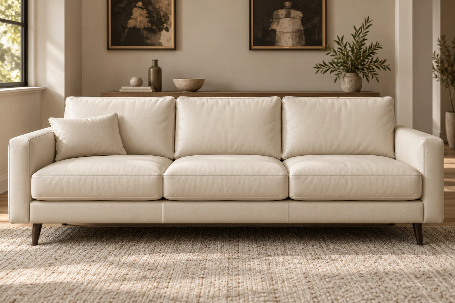 Cream leather sofa with three loose back cushions in a sunlit room with framed art