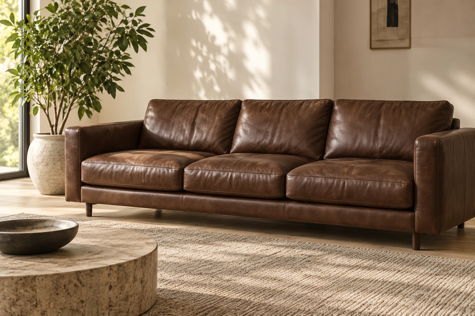 Dark brown leather sofa in a room with dappled sunlight falling across the wall behind it