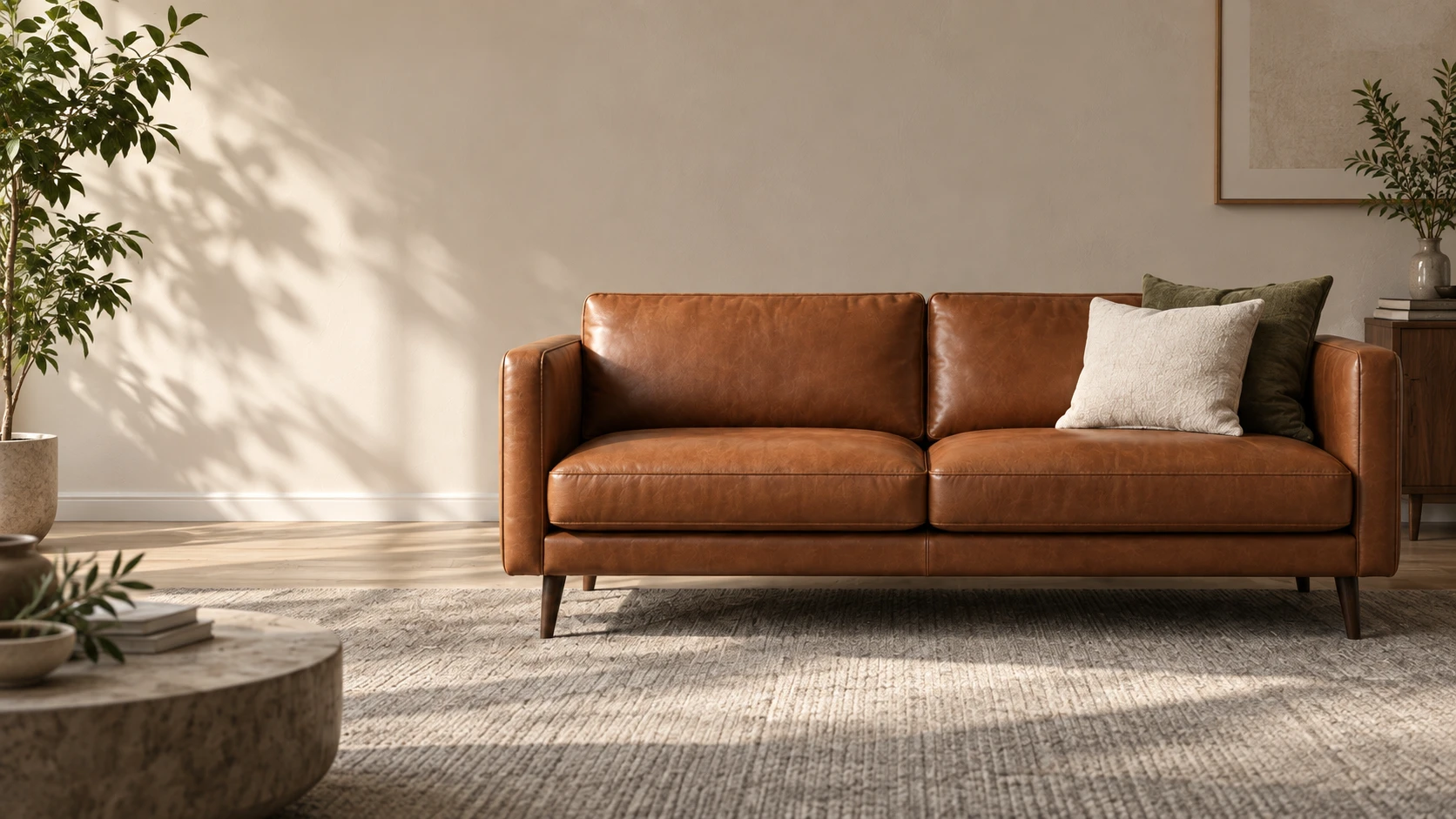 Tan cognac leather sofa against a pale wall in afternoon light, with a woven rug and a stone coffee table