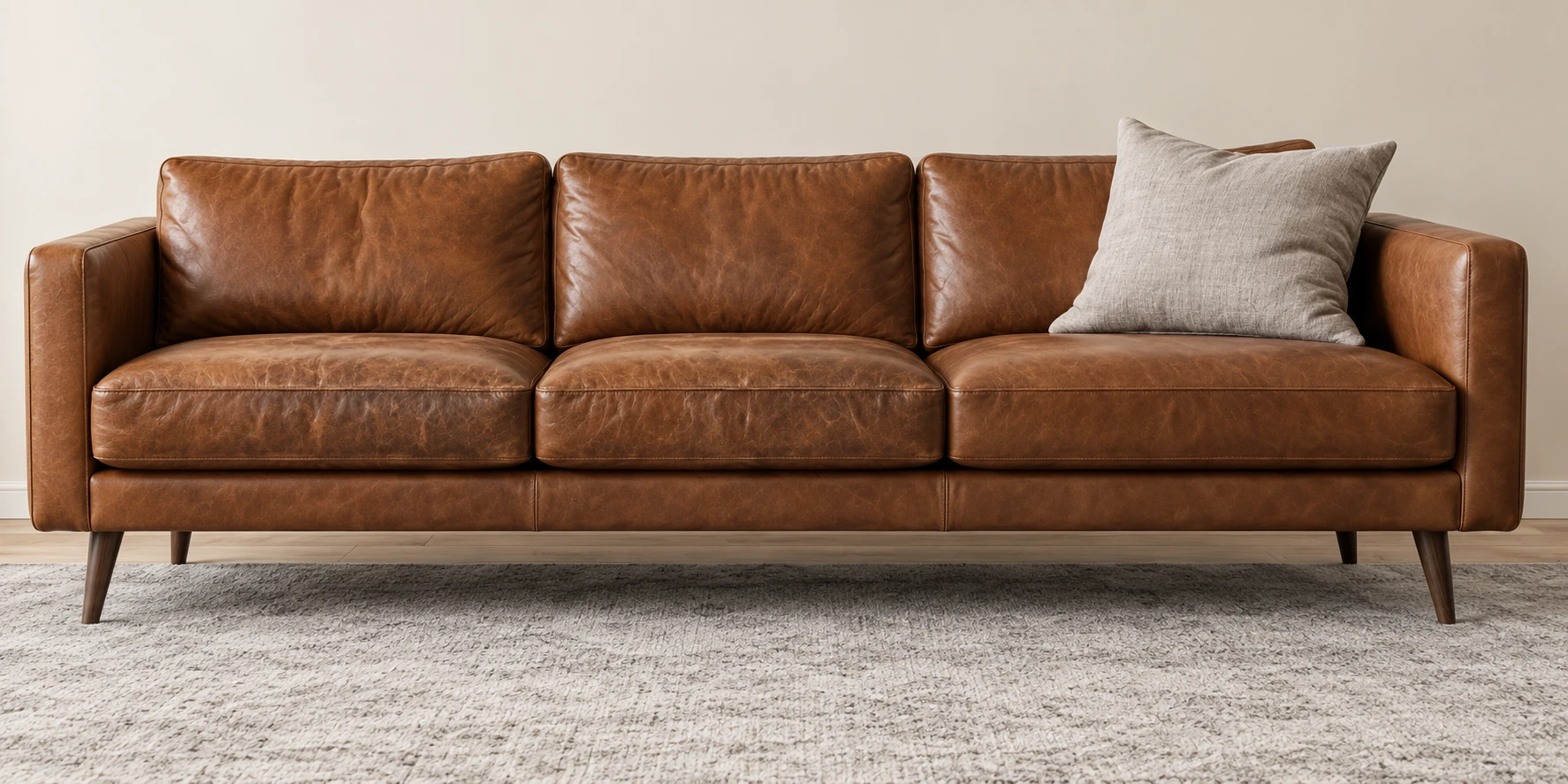 West Elm leather sofa repair on a tan three-seat sofa photographed straight on against a pale wall