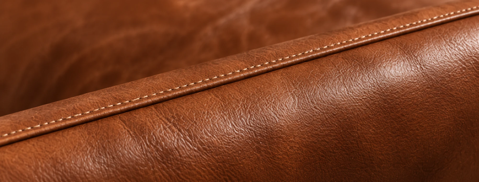 Wide macro of a tan leather sofa edge with a single contrasting stitch line running across the frame