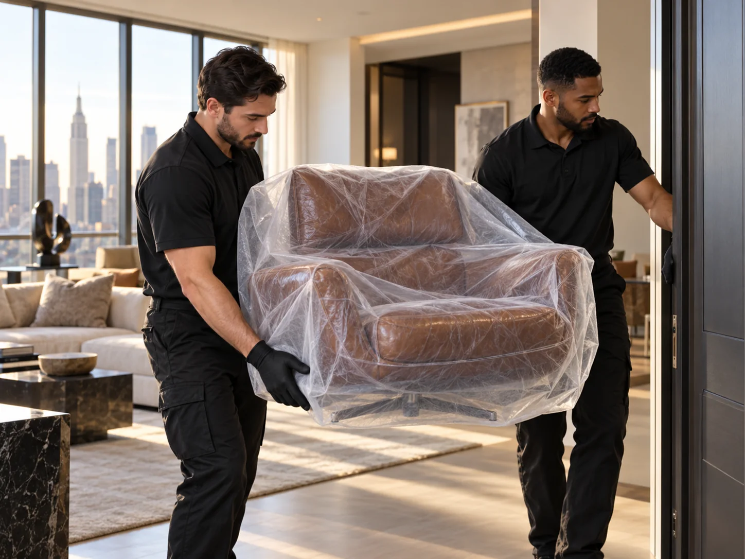 Movers carrying a wrapped leather chair