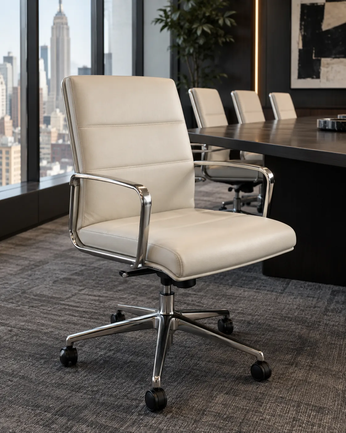A white leather conference chair at a boardroom table
