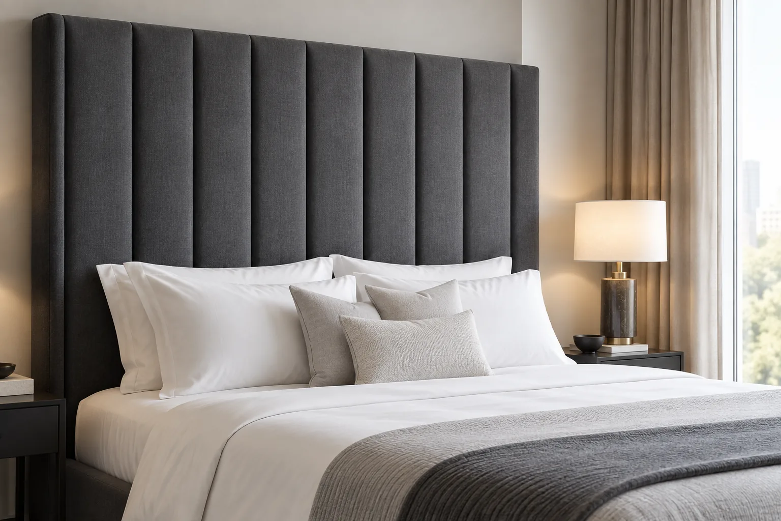 Wide charcoal channel-tufted headboard in a high-rise bedroom