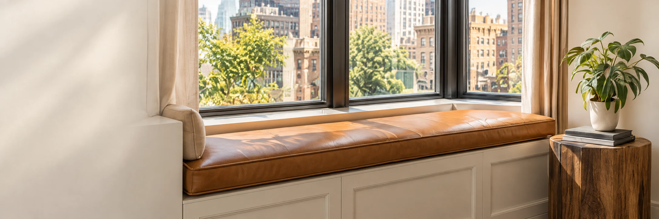 Tan leather window seat cushion running the full length of a city window