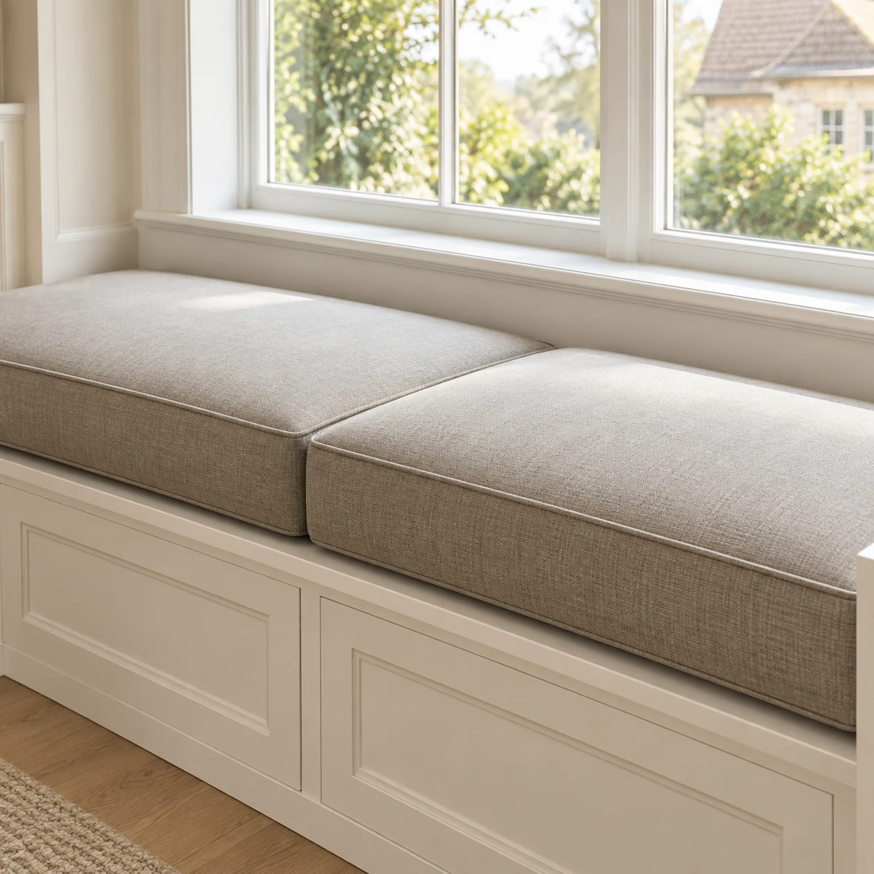 Pale linen window seat cushion in a bright bay above built-in drawers