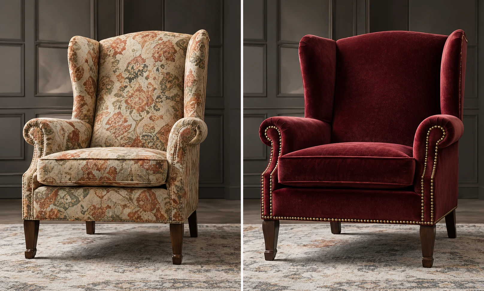 Reupholster chairs NYC before and after: a wingback in faded floral chintz, then rebuilt in burgundy velvet with nailhead trim