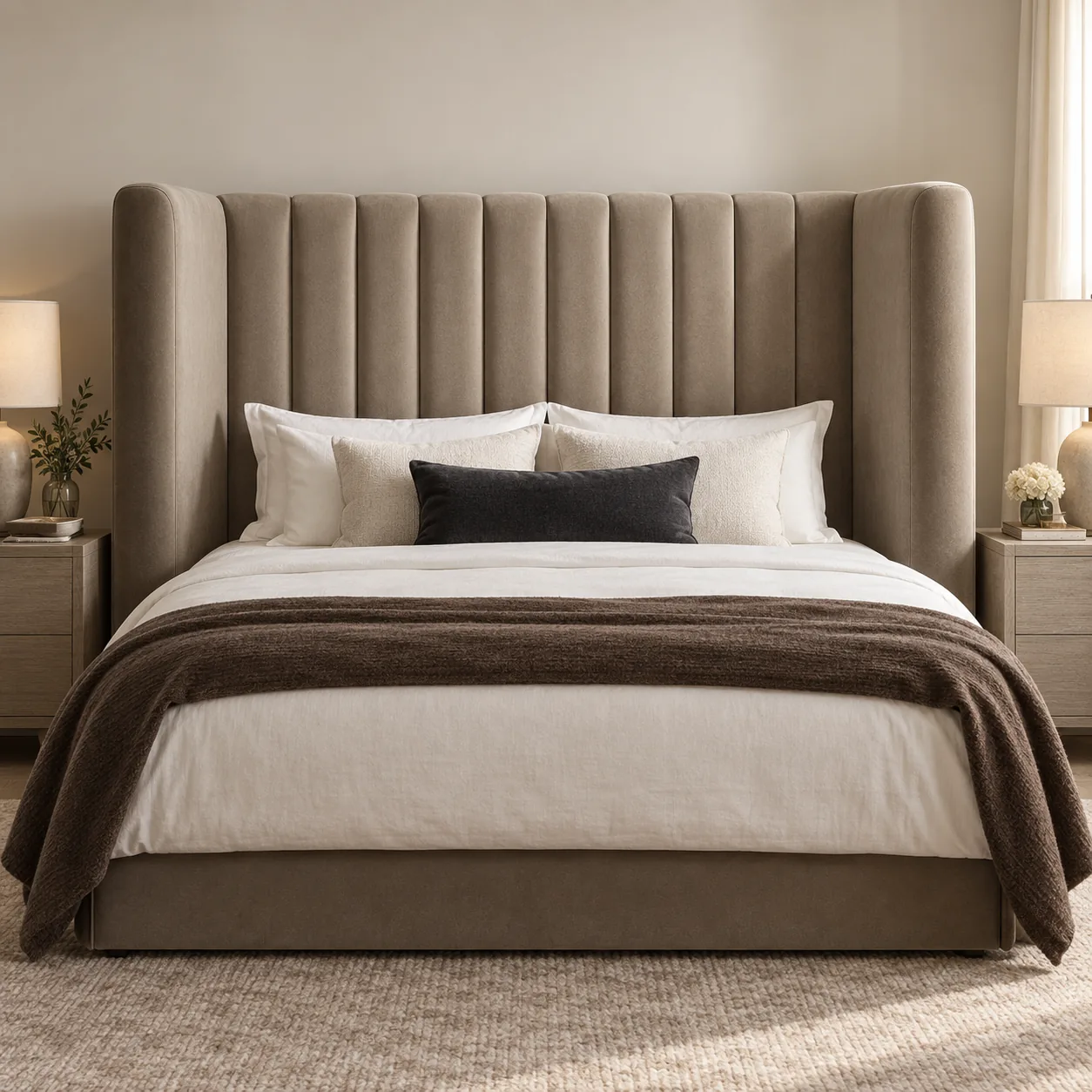 Taupe headboard with softly rolled wings rather than mitred corners