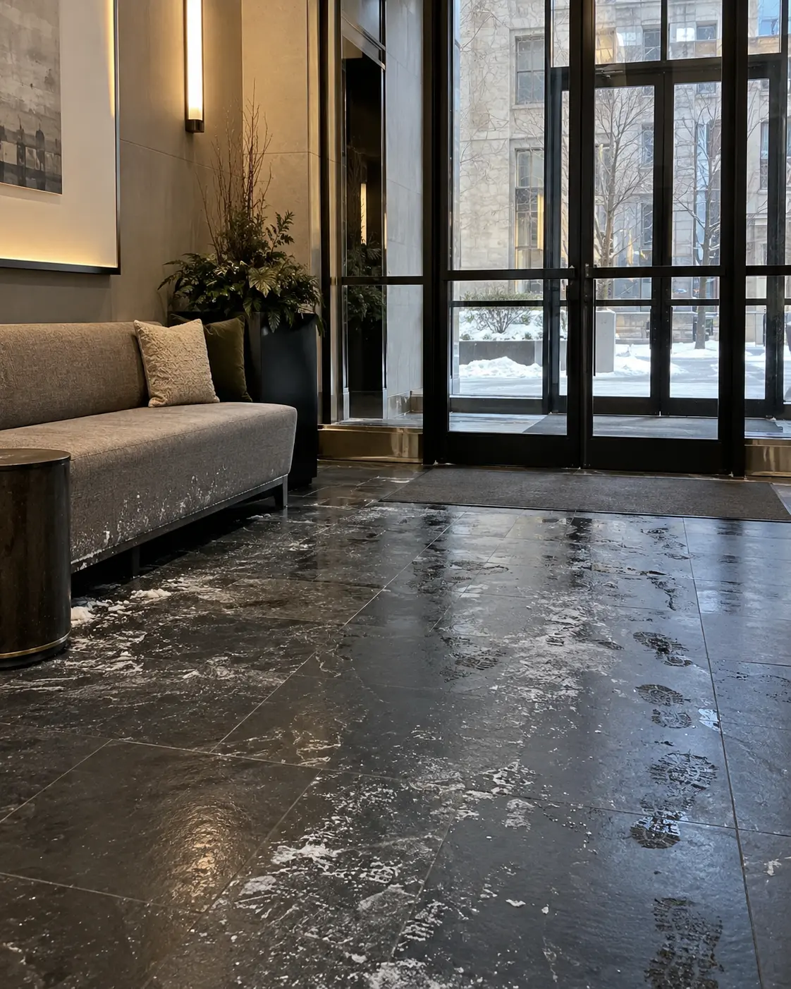Salt residue tracked across a lobby entry to a bench base