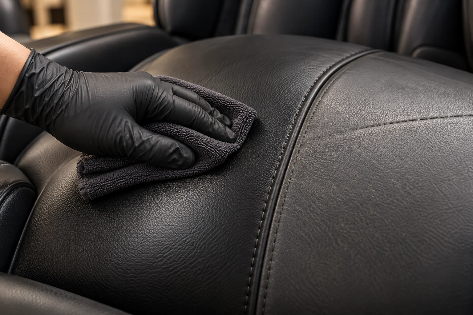 A gloved hand wiping down the dark grey leather seat of a massage chair with a microfibre cloth