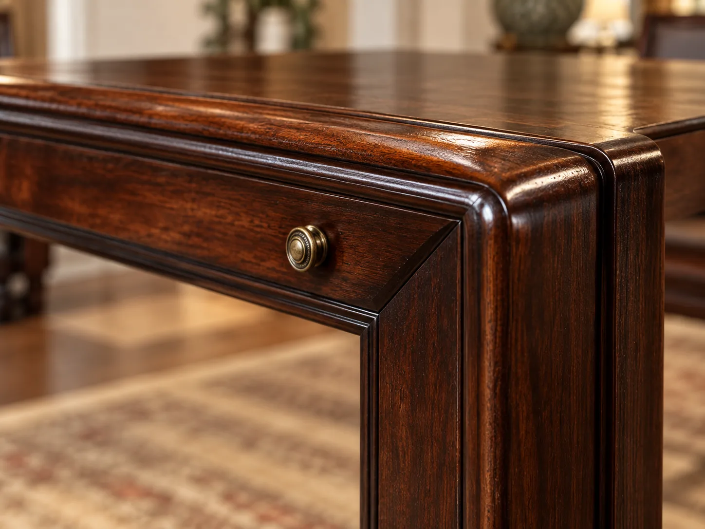 Polished wood arm and brass hardware on an upholstered piece
