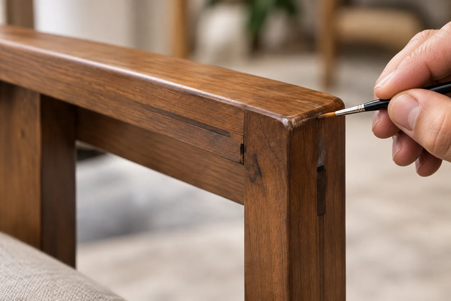 Brush touching up a wood frame corner